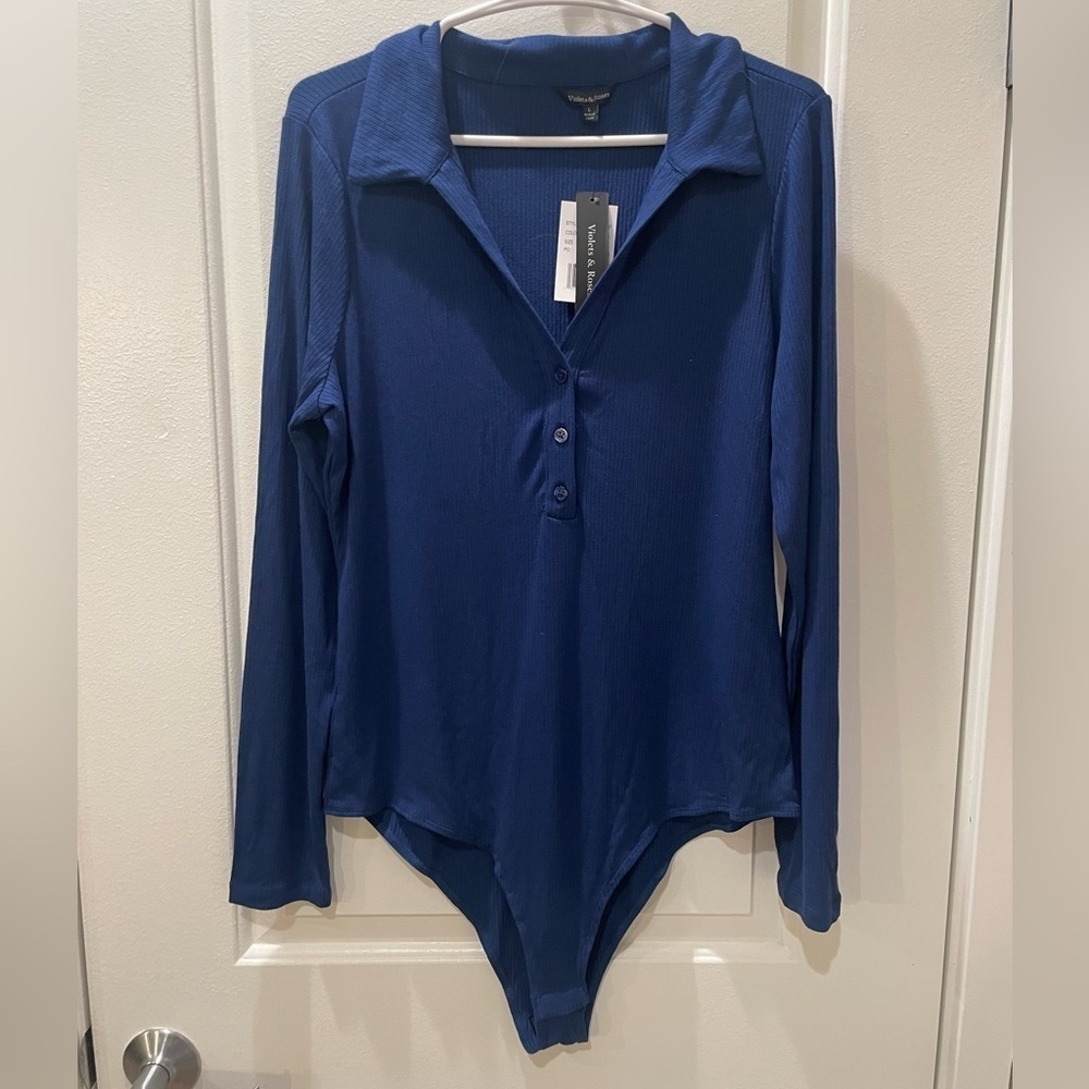 NEW…Violets and Roses Ribbed Knit Collared Bodysuit - Picture 3 of 4